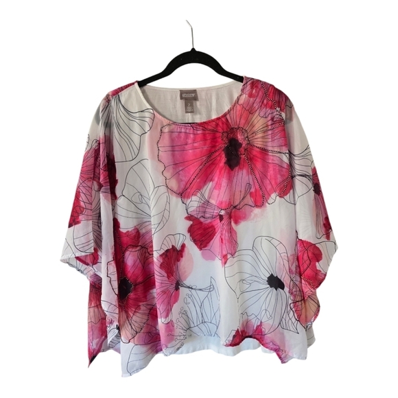 Chico's Santa Rosa Floral Popover Top Women Sz L Flowy Coastal Artsy Embroidered - Picture 1 of 11